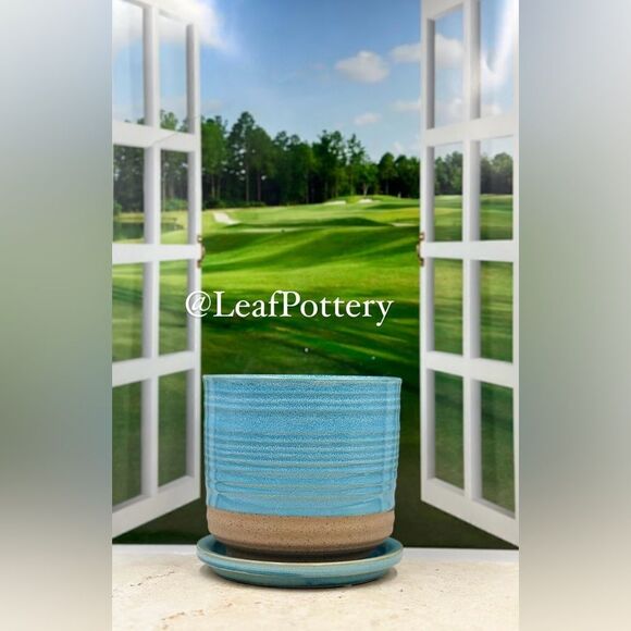 Bluish Blue/Beige Ceramic Planter Pot with Saucer Attached - Picture 11 of 11